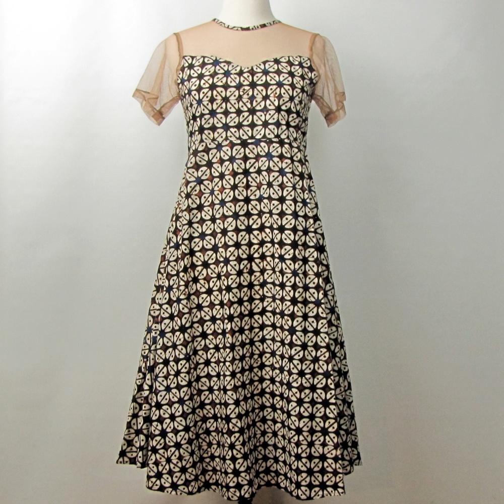 Perada Brown Print Cotton Batik Dress Illusion Yoke Fit & Flare High Waist Small